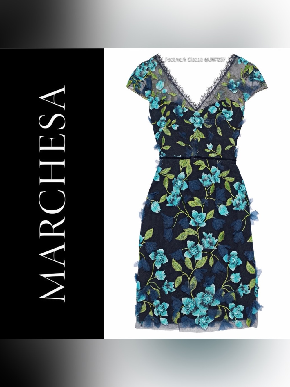 { Marchesa Notte } Floral 3D Appliqué Embroidered Tulle Dress in Blue